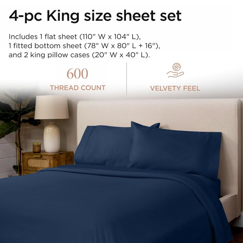 Threadmill 100% Cotton Sheets for King Size Bed - 600 Thread Count King Bed Sheets Set with 16â€ Deep Pocket - Sateen Weave 4-Piece Bedding Set with Cooling Effect, Folkstone Blue - Image 2